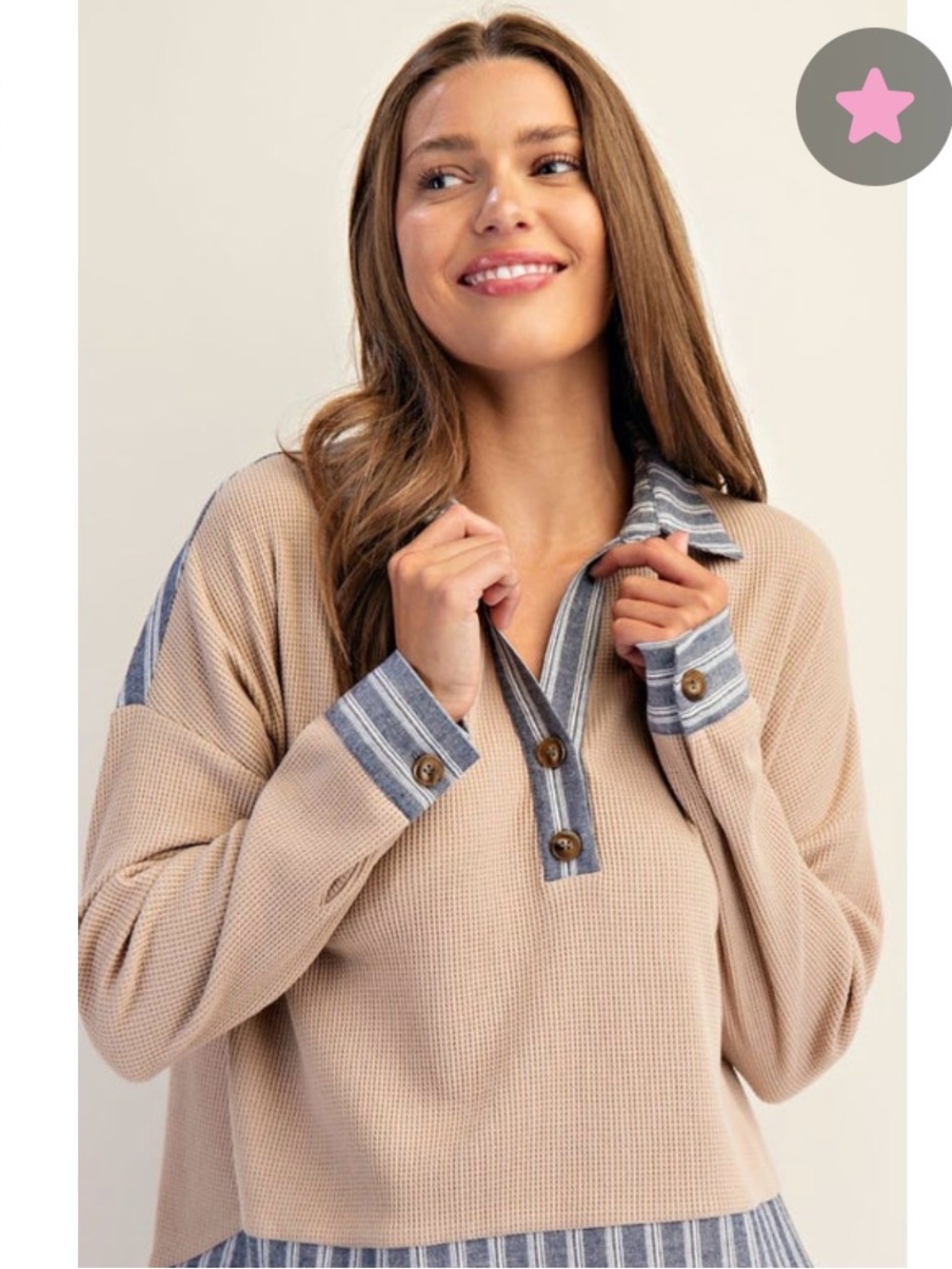 eesome Beige Pullover with Blue Stripe Shirt Detail